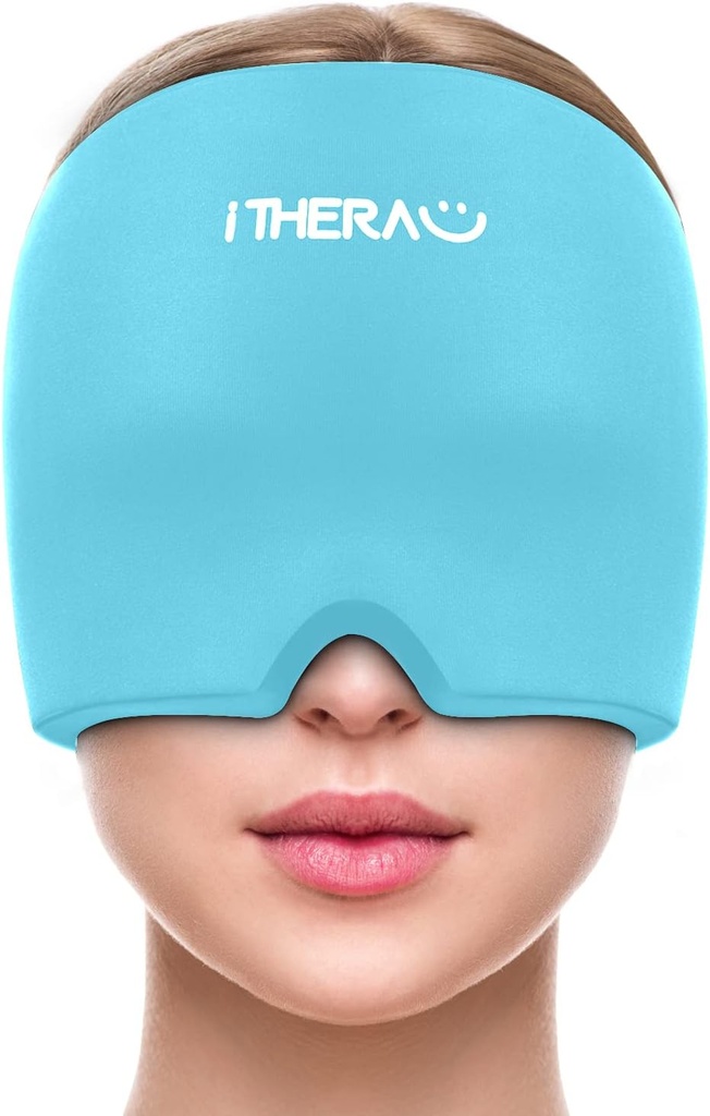 ITHERAU Migraine הקלה Cap, Soothing Headache Hat, Gel Ice Pack Head Wrap with Hot and Cold Therapy, Headache Relief Cap for Sinus, Puffy Eyes, Tension and Stress Relief Blue