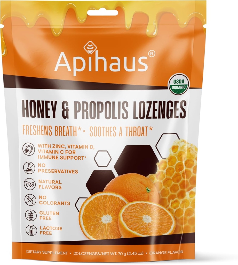 דבש ופפוליס Lozenges Orange Flavor, Freshens Breath - Soothes aגרון- Immune תמיכה עם ויטמין C, ויטמין D ו Zinc, 20 Count