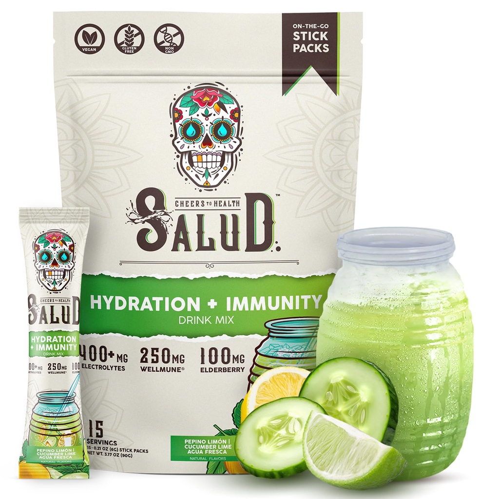 Salud 2-in-1 hydrotion Packets + Immunity Electrolytes אבקת, Cucumber Lime - Agua Fresca Drink Mix, Elderberry, חלב וסוי חינם, non-GMO, Gluten Free, טבעוני, Low Calorie, 1g (15 משרתים)