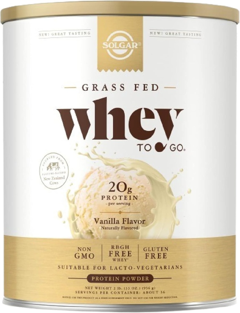 Solgar Grass Fed Whey to Go, Vanilla - 2 lb - אבקת חלבון Whey דשא - rBGH חינם, non-GMO, Gluten Free - 36 משרתות