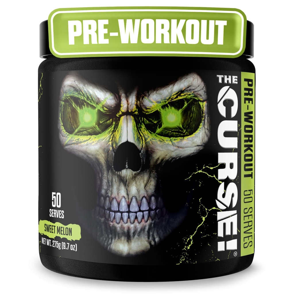 JNX SPORTS The Curse! אבקת עבודה מוקדמת לגברים ונשים, קפאין, Beta-Alanine, Creatine, L-Citrulline, 50 משרתים, Sweet Melon Flavor - Boost Energy, Power & Focus