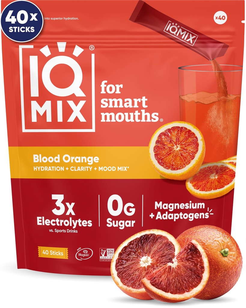 אבקת IQMIX hydrotion Electrolyte - 4in-1 פורמולה להשקה, בהירות נפשית, Mood and Recovery - Sugar-Free Drink Mix, Keto, Magnesium L-Threonate, Lion's Mane - 40 Count Blood Orange Orange Orange