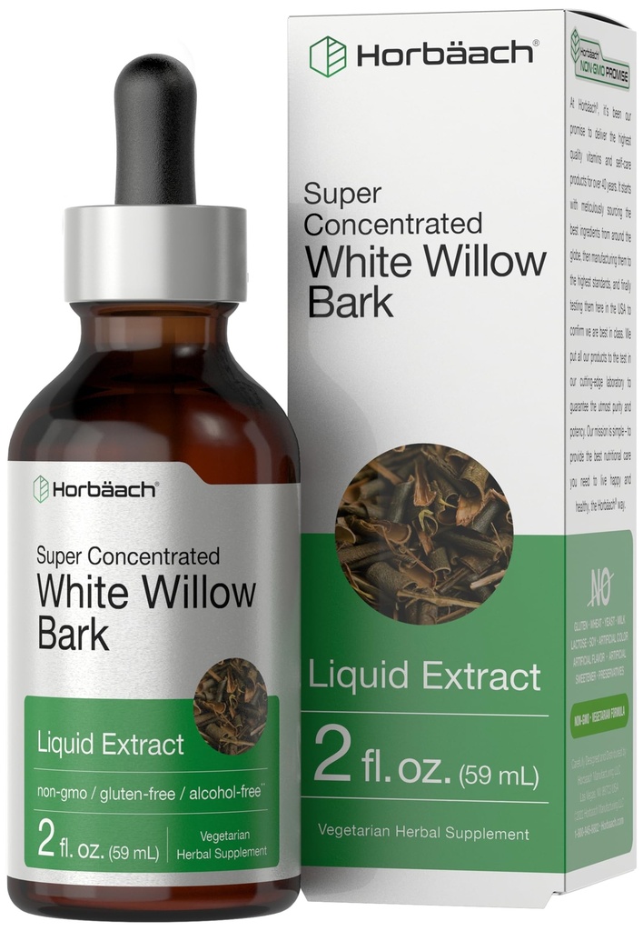 Horbäach White Willow Bark לחלץ Tincture | 2 Fl oz | אלכוהול חינם נוזלי | Super Concentrated | Vegetarian, non-GMO, Gluten Free