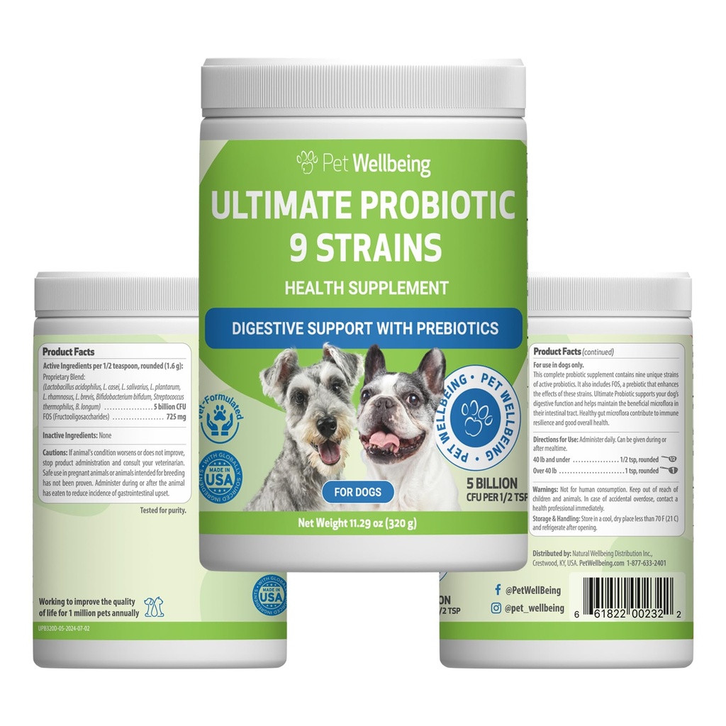 Pet WellBeing Ultimate Probiotic 9 Strains for Dogs & Cats - תומך ב- Gut Microbiome ו- Digestion, Immune System Care, Urinary Tract Health, FOS, 2.5 מיליארד CFU - 11.29 oz (320 גרם) אבקה
