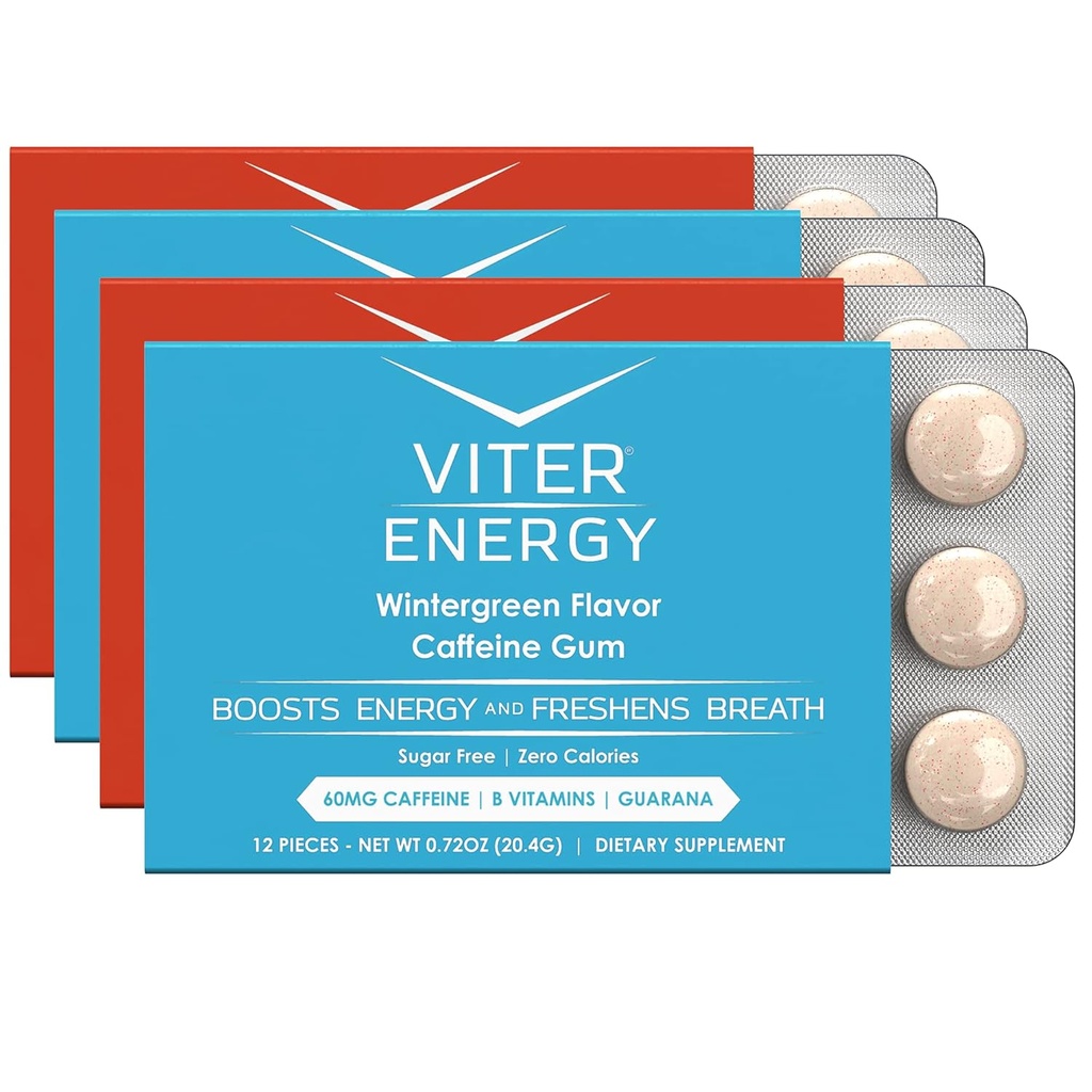 Viter Energy Caffeinated Gum 60mg Caffeine, B ויטמינים, Guarana, סוכר חינם (Variety, 12pcs, 4 Pack)