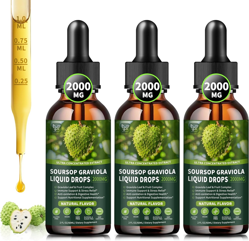 (3 Pack) Soursop Graviola נוזל טיפות 2000 מ"ג, 98% Absorption for Cell Support & Regeneration, Immune Boost, Liver, Herbal Goodness, Soursop bitters-Sugar / gluten Free, Natural Flavor, 6 Fl Oz Ozz, Liver, Herbal Goodness, Soursop bitters-Sugar-Sugar / Gluten Free, Natural Flavor