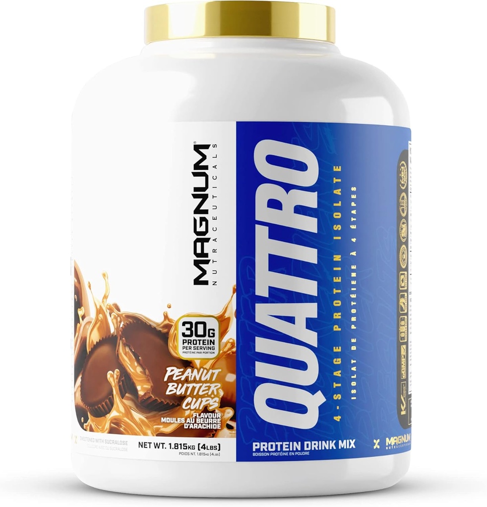Magnum Nutraceuticals Quattro Whey אבקת חלבון, Peanut Butter Cup 4lb - Premium Protein Isolate בלנדר לצמיחת שרירים ושיקום