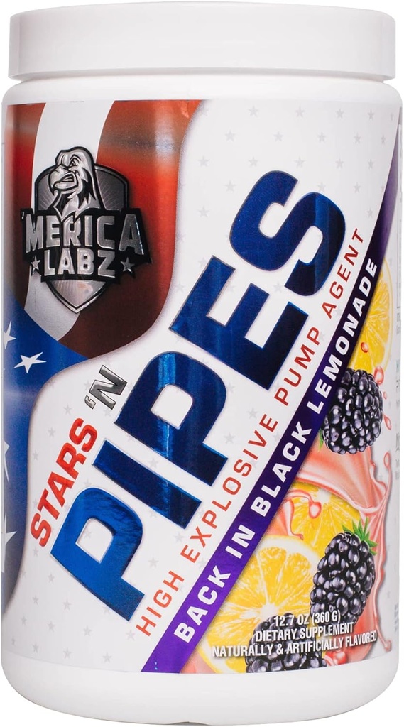 "Mrica Labz Stars 'N Pipes High Explosive Pump Agent, Stimulant-Free, 6G של L-Citrulline, 20 משרתים (Back in Black Lemonade)