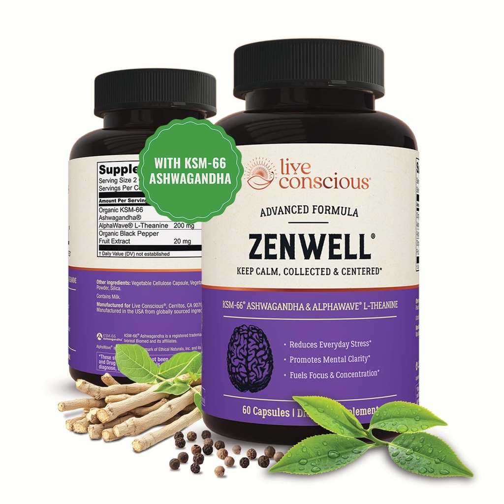 Live Conscious KSM-66 Ashwagandha תוסף Theanine & AlphaWave - ZenWell Everyday Stress Relief, Cognitive, Brain Health - אשוגנדה לגברים ונשים - 60 קפסולות