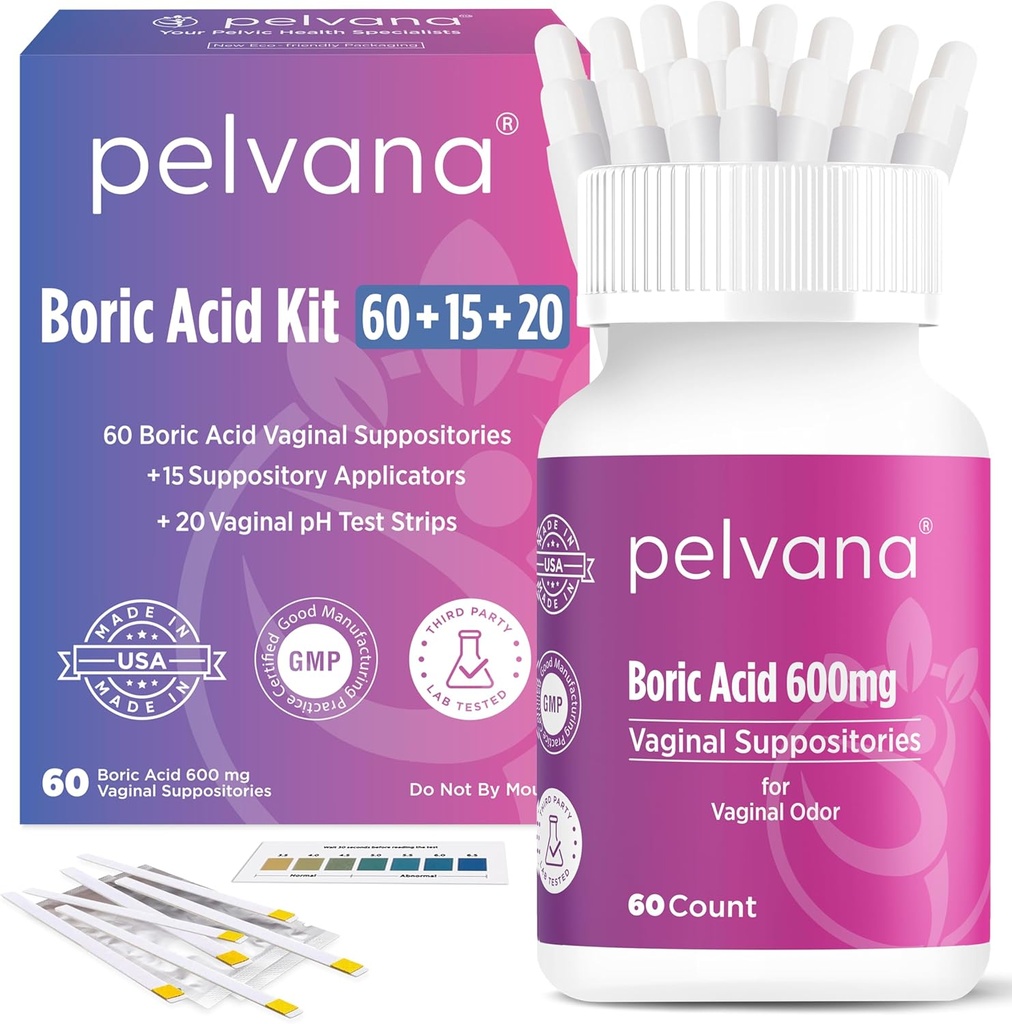 Pelvana Boric Acid Suppositories for Women 60 + 15 Applicators + 20 pH Test Strips = 95 Piece Kit for Vaginal Odor - Third-Party Lab Tested & Made בארצות הברית