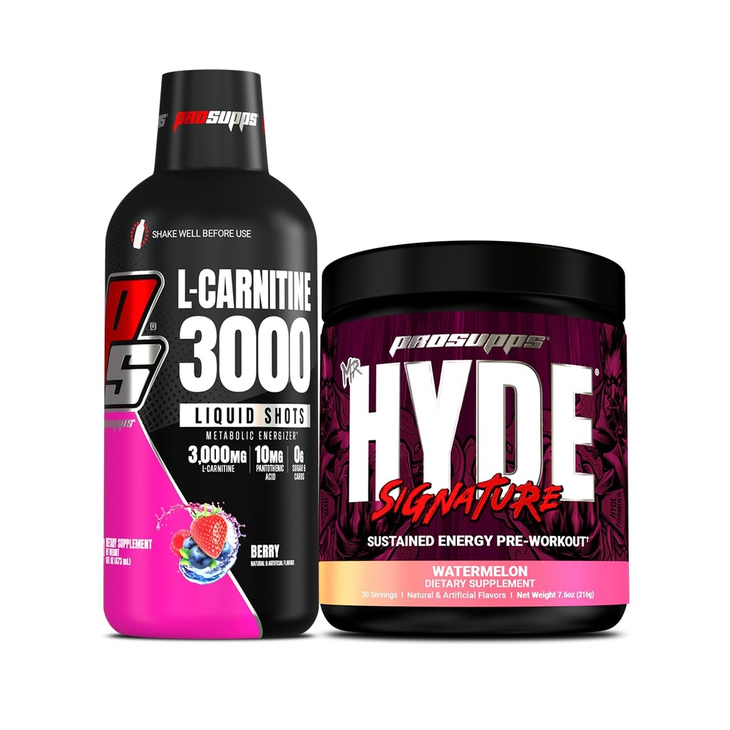 PROSUPPS L-Carnitine 3000 Stimulant Free Shots (31 משרתים, ברי) ומר הייד חתימה סדרת טרום-העבודהout אנרגיה אבקת שתייה (30 משרתים, Watermelon) Bundle