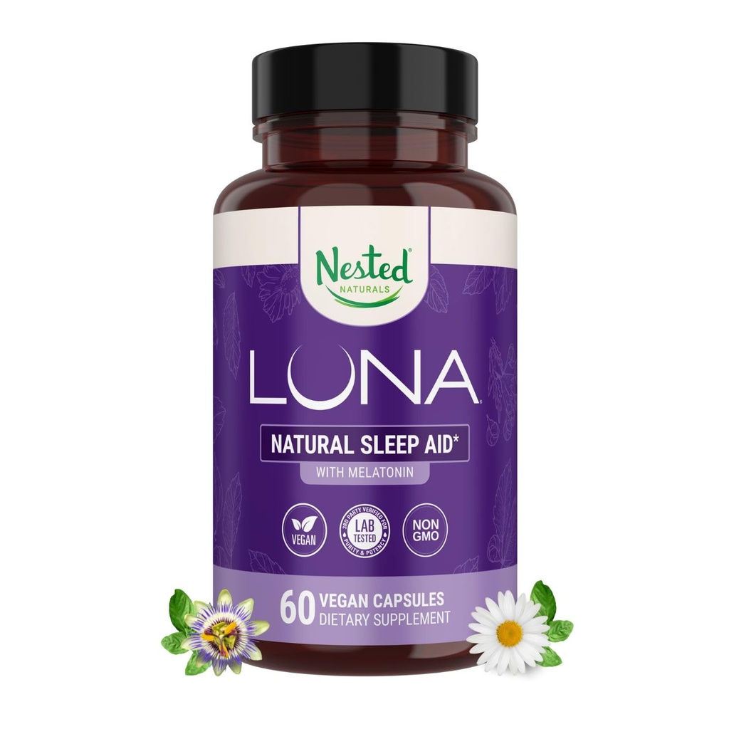 Naturals Nested לונה Sleep Aid - Non-Habit Forming Natural Pills for Adultss with Natural Ingredients - Valan Root, Melatonin, Chamomile, Lemon Balm ועוד - 60 קפסולות טבעוניות