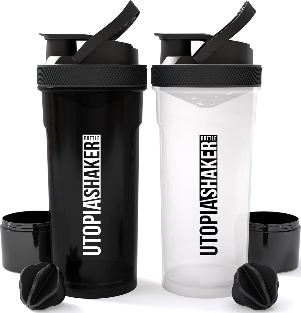אוטופיה Home Shakerבק 2 Pack - 24 חלבון פלסטיק או בקבוק Shaker עבור Pre & Post אימון עם Twist & Lock חלבון אחסון (All Black & Clear / Black)
