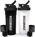 אוטופיה Home Shakerבק 2 Pack - 24 חלבון פלסטיק או בקבוק Shaker עבור Pre & Post אימון עם Twist & Lock חלבון אחסון (All Black & Clear / Black)
