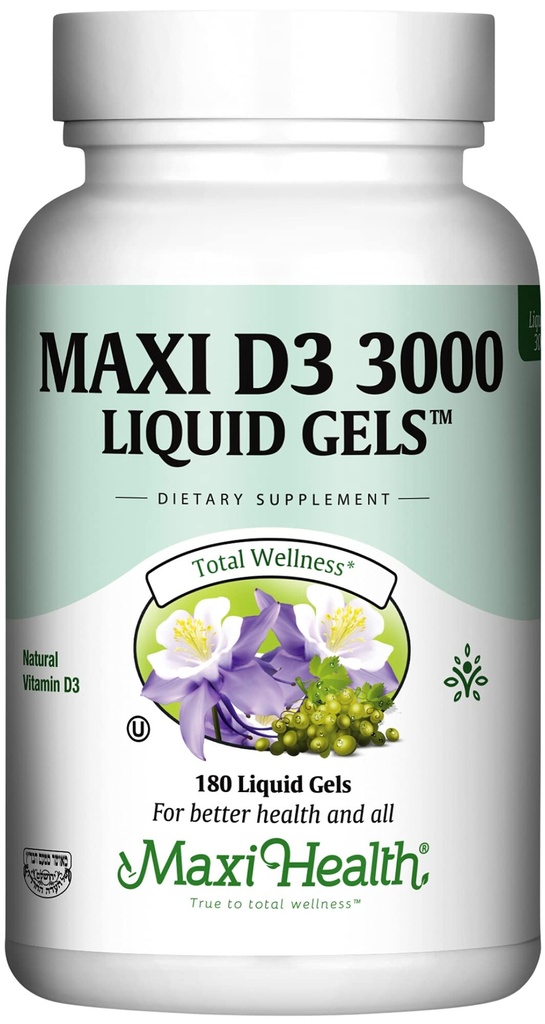 Maxi Health ויטמין D3 3000 IU 75 mcg ויטמין D עבור עצמות בריאות, שיניים, תמיכה בשומן - VIT D3 תוסף קל ל-Swallow non-GMO, לגברים ונשים - מעבדים כשרים 180