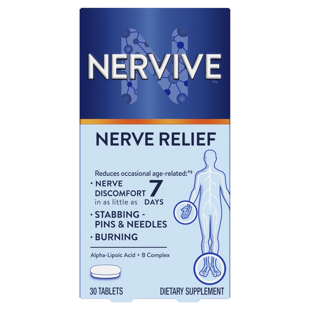 Nervive Nerve הקלה, Occasional Nerve Discomfort II, Nerve הקלה, מתחיל לעבוד בשבעה ימים, סטינג, Burning, Alpha Lipoic Acid, B ויטמינים, Turmeric, ג'ינג'ר, תוספת עצבים, 30 טבליות
