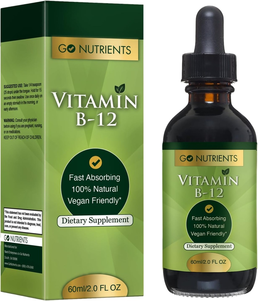Go Foodsents ויטמין B12 sublingual Methyhydrobalamin - B-12 נוזל טיפות 3000mcg, אורגני Raspberry Flavor, טבעוני - תומך אנרגיה, בריאות עצבית ו Red Blood Cell Formation - 2oz (48 משרתים)