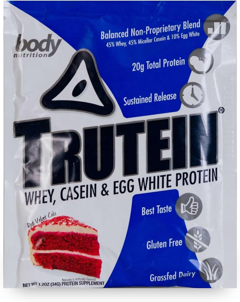 אבקת חלבון גבוהה של הגוף Trutein גבוה: 45% Whey, 45% מקרהין, 10% ביצה לבן, Gluten-Free, Low Sodium, Grass פד Whey חלבון אבקת, תוספת התעמלות & ארוחת בוקר שקד, Red Velvet Cake, 34g Sample Sample