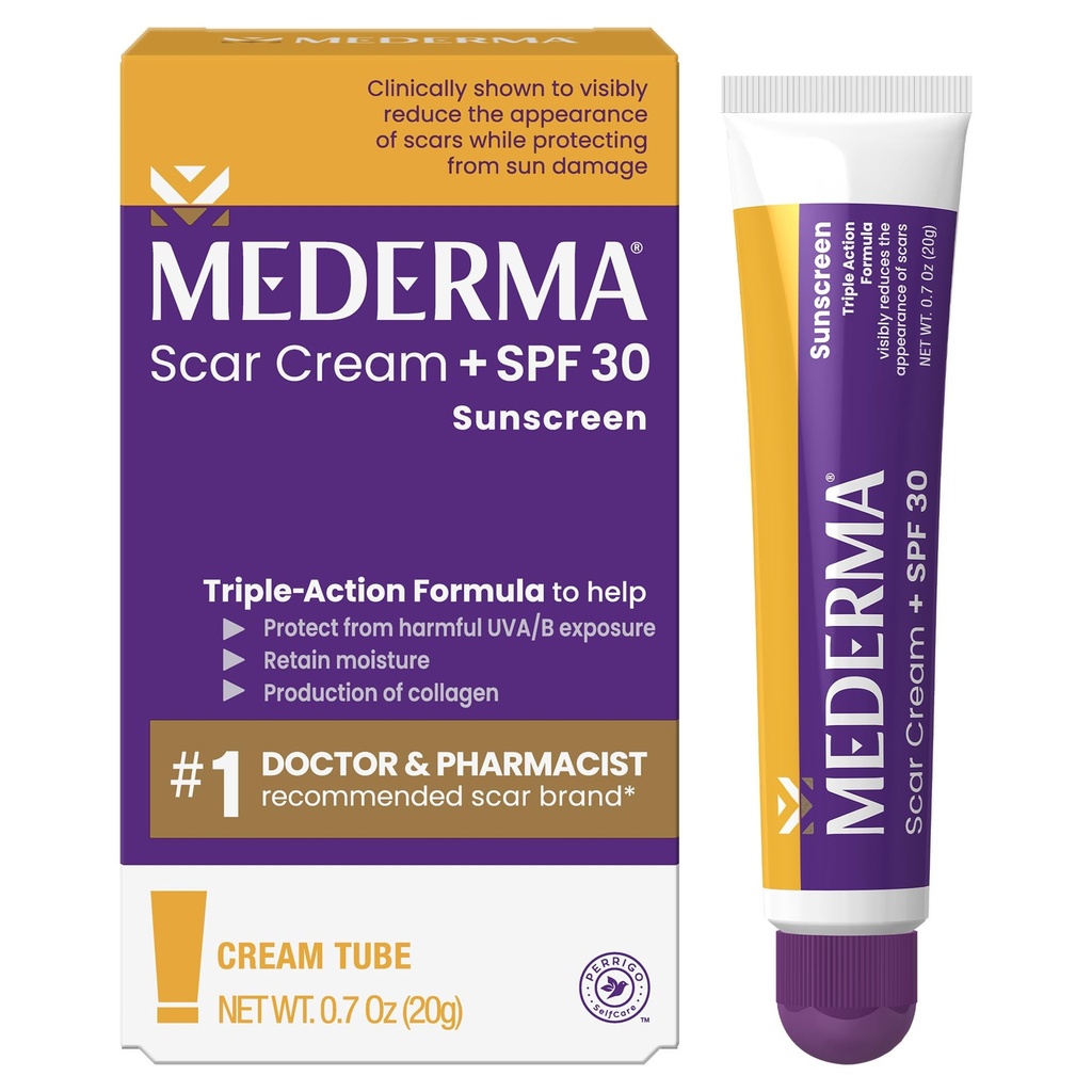 Mederma Scar Cream Plus SPF 30 - טיפול סקר מתקדם, מוגן מפני נזקי השמש, מקטין את הופעת סקרים מאקנה, ברנס, ניתוח ופציעות, 0.7 oz
