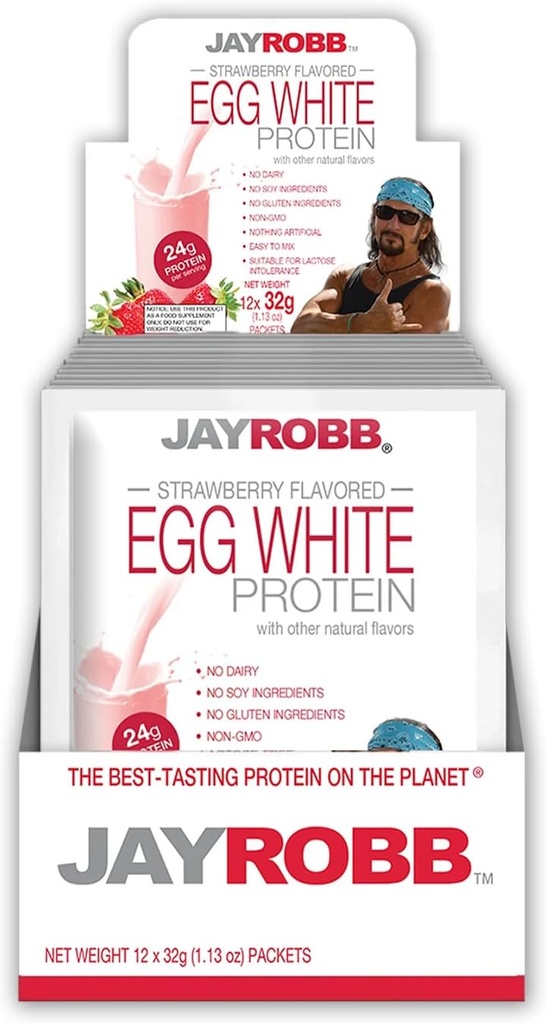 JayRobb Egg אבקת חלבון לבן, Low Carb, Keto, Vegetarian, Gluten Free, Lactose חינם, No Sugar הוסיף, No Fat, No Soy, Nothing A מלאכותי, non-GMO, Best-Tasting (Individual Packets, Strawberry)