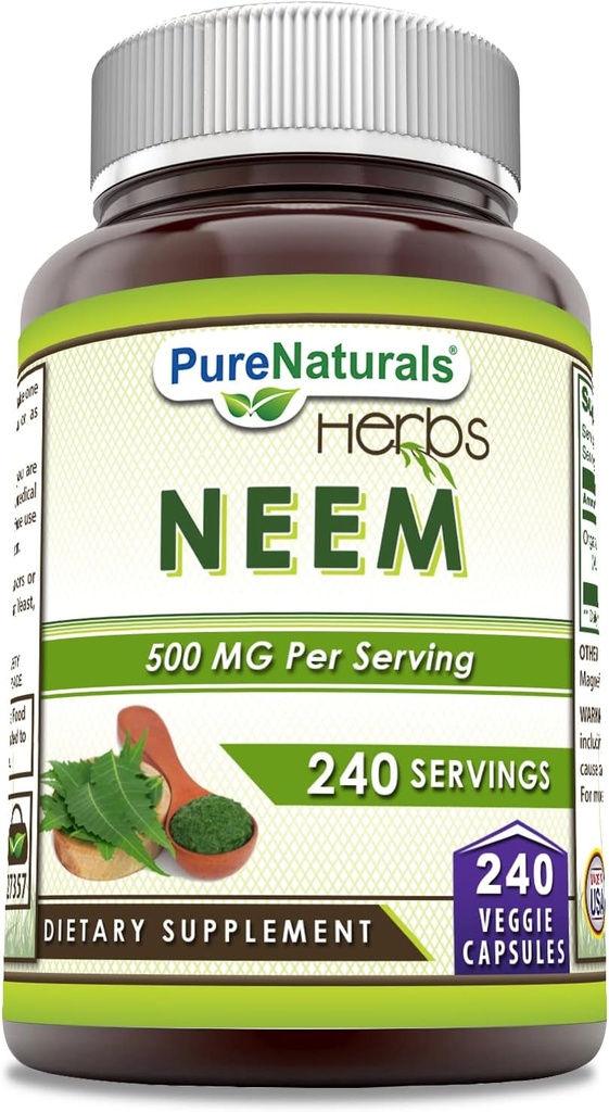 טבעיים טהורים Neem (Made with Natural Neem Leaf) | 500 מ"ג לכלוא 240 קפסולות Veggie תוספת | Non-GMO |ten Free | Made in USA | אידיאלי עבור צמחונים