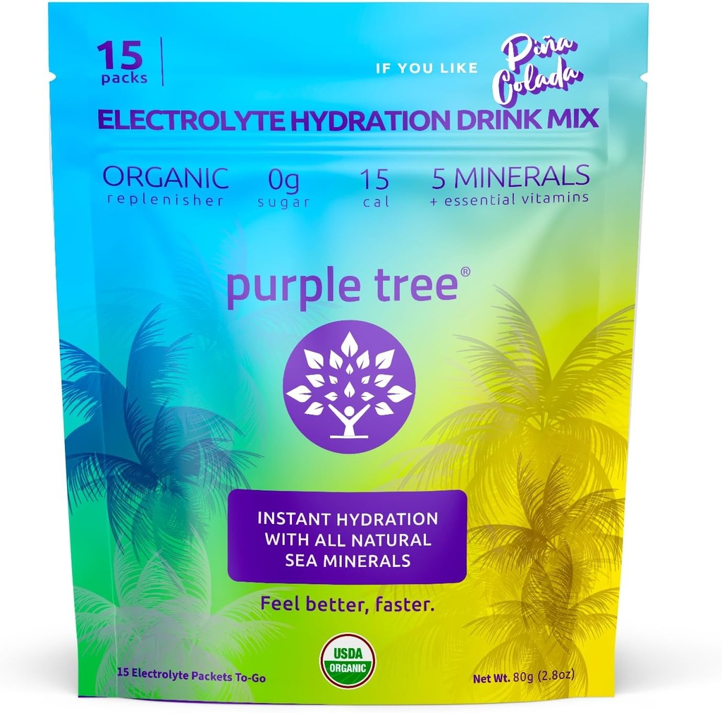 Pure עץ אורגני אלקטרוליט hydrtion Packets - Pina Colada Flavor, סוכר ללא נוזל דבק עבור הידרציה מהירה, Daily Electrolyte משקאות תערובת עבור הקלה Dehydration, 15 To-Go Packs