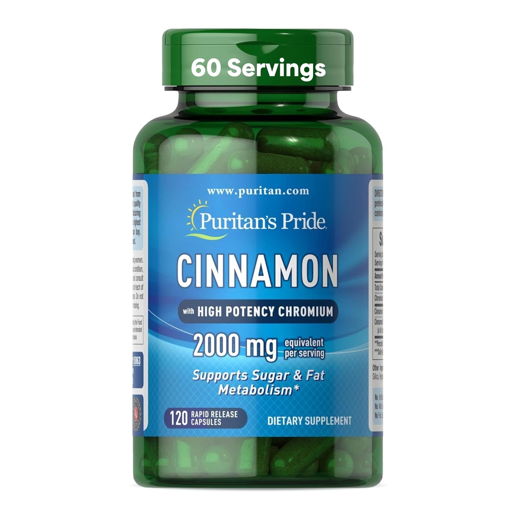 גאווה של Puritan's Pride Cinnamon 875 מ"ג (2000 מ"ג שיוויון) עם ספיגות גבוהה Chromium, תומך סוכר, שומן, ומטבוליזם תזונתי בריא, אנרגיה סלולרית, 2 חודשים אספקה, 120 קפסולות שחרור מהיר