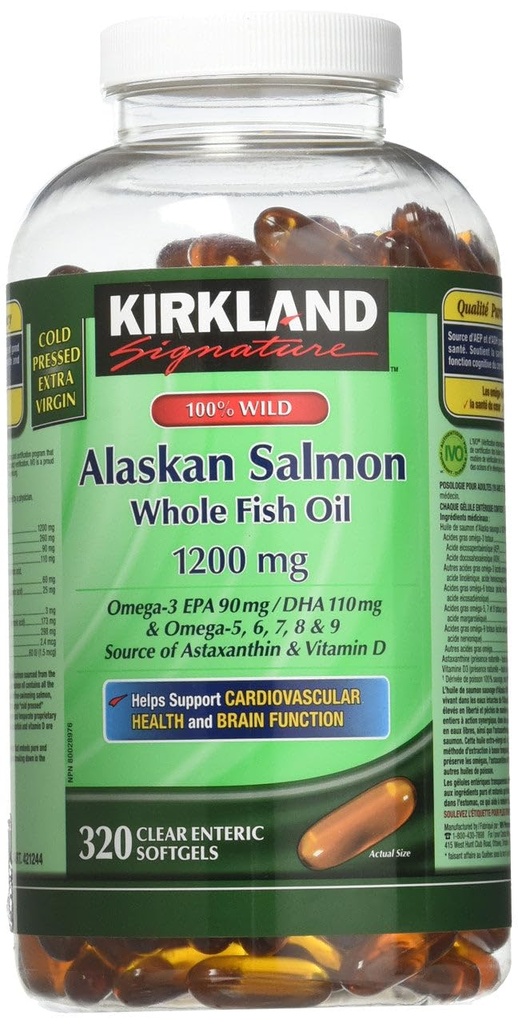 קירקלנד חותמת 100% Wildאלסקה Salmon שמן 90 EPA 110 DHA 1200 מ"ג - 320 ליטרים נכנסים