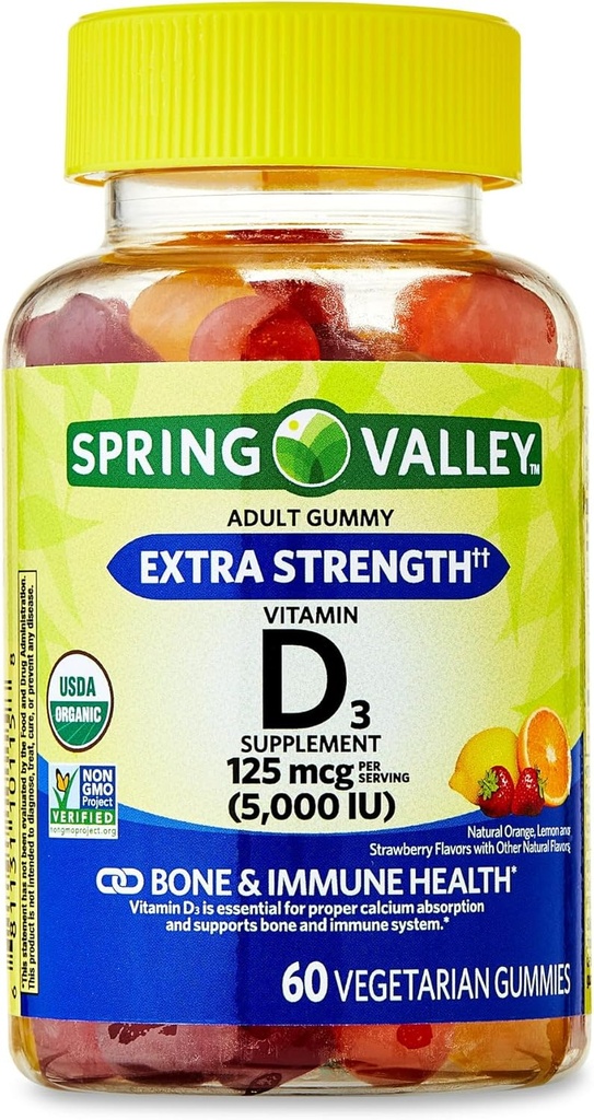 IKJ תוספת חיזוק ויטמין D3 Bone & Immune Health Dietary Supplement Vegetarianmies, 125 mcg (5,000 IU), 60 הרוזן
