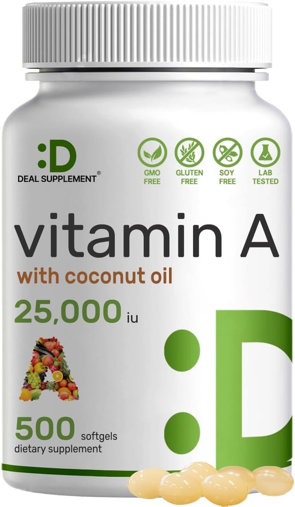 ויטמין עתיר גבוה A 25000 IU, 500 שמן קוקוס Softgels | Easily Absorbed, Natural Fish Liver שמן מקור - ויטמינים לעיניים, Immune, & Skin Health - Easy to Swallow, non-GMO