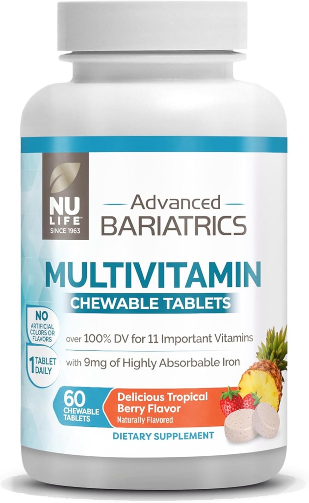 NU Life Advanced Bariatrics Multivitamin Chewable Tablets, Bariatric Mulivitamin עם ברזל - ברי טרופי (60 טבליות Chewable)