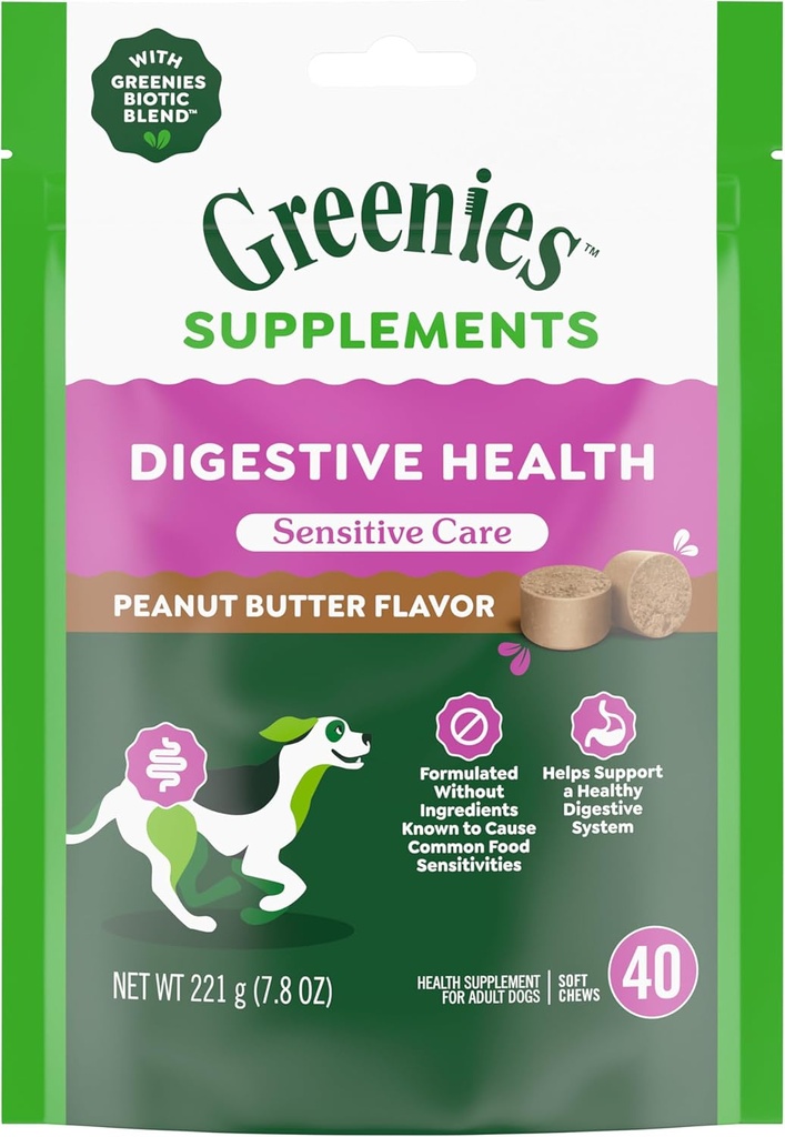 Greenies Sensitive Care Digest - פורמולה ללא עוף, עם פרוביוטיקה לכלבים, בוטנים בוטנים פיטמור, 40 Count Pouch