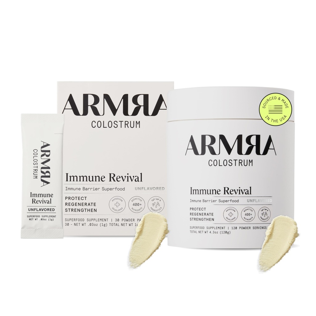 אבקת ARMRA ColostrumTM Premium, Grass Fed, Gut Health Bloating Immunity Skin & Hair, מכיל 400+ bioactive Foodsents, Keto, Gluten & Fat Free (Unflaved Bundle | 150 משרתים)