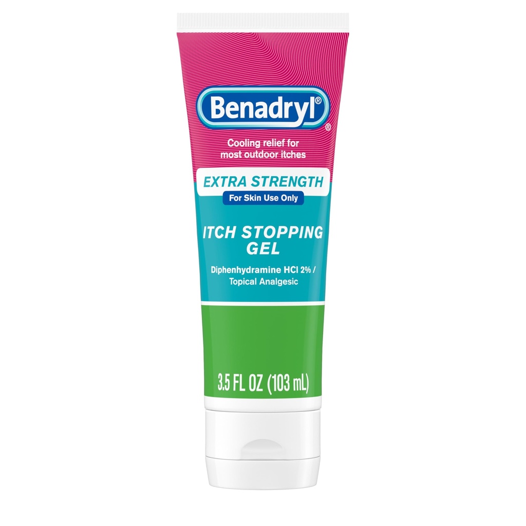 Benadryl תוספת כוח נגד Itch Relief Gel, 2% Diphenhydramine HCl, הקלה מ Insect Bites, Sunburn & More, גדול עבור קמפינג Essentials, 3.5 fl oz