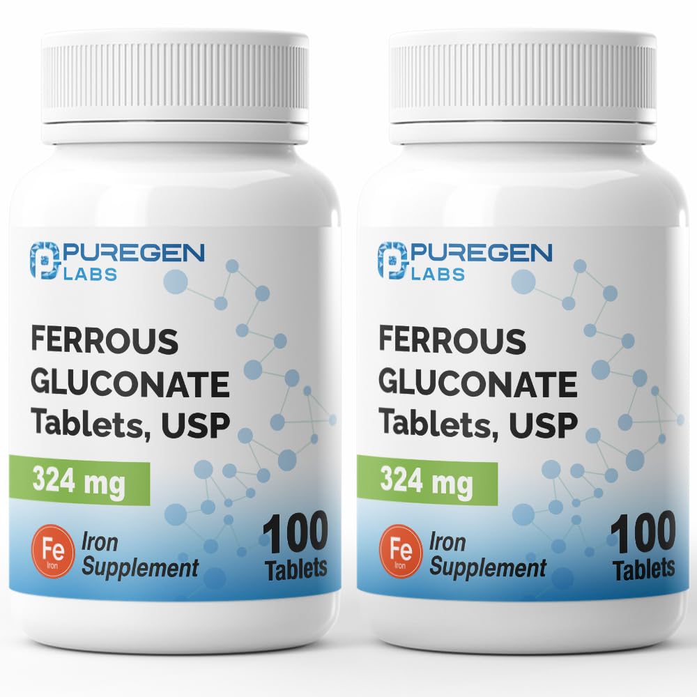 Puregen Labs Ferrous Gluconate 324 מ"ג תוספת ברזל, Gentle על Stomach | 2 Pack - 200 טבליות Total