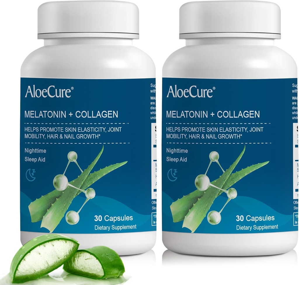 AloeCure Natural Melatonin + Collagen עם אורגני Aloe Vera - תוסף שינה טבעי עבור לילות מנוחה - תרכובת Collagen לחוזק משותף, Skin Odyssey, Hair & Nail growth, 30 קפסולות