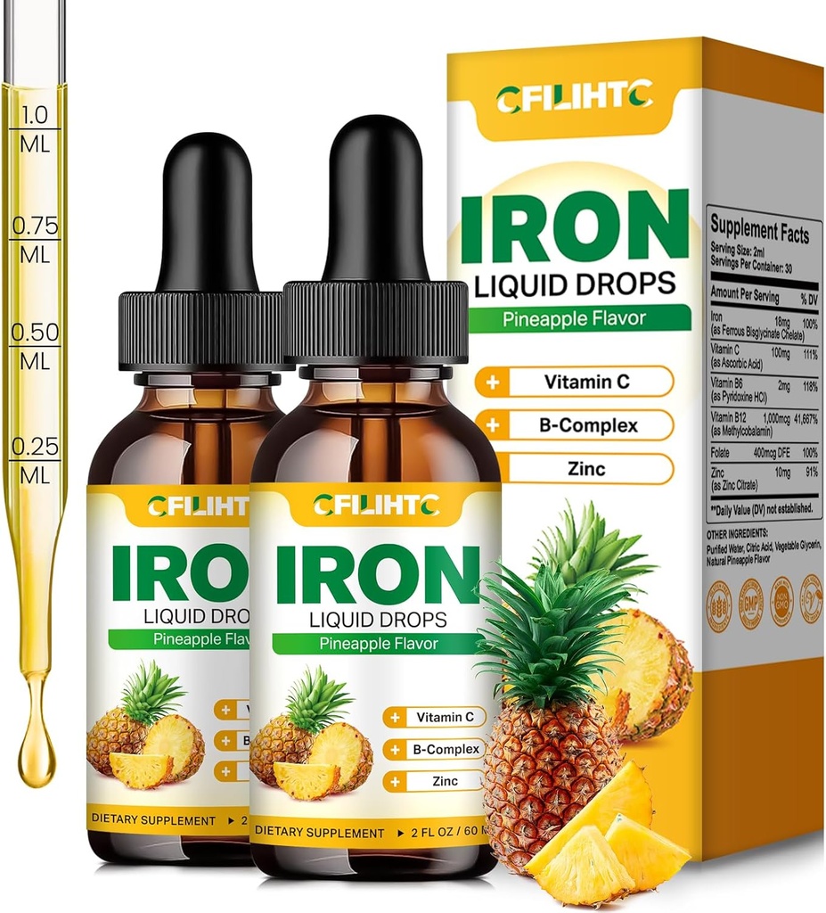 תוספת ברזל נוזלי לנשים וגברים וילדים Multivitamin Iron טיפות עם Folate, ויטמין C, B6, B12, Zinc for anemia, Iron Deficiency, Blood Builder, Energy - Natural Pineapple Flavor, טבעוני 4 Fl Oz Oz