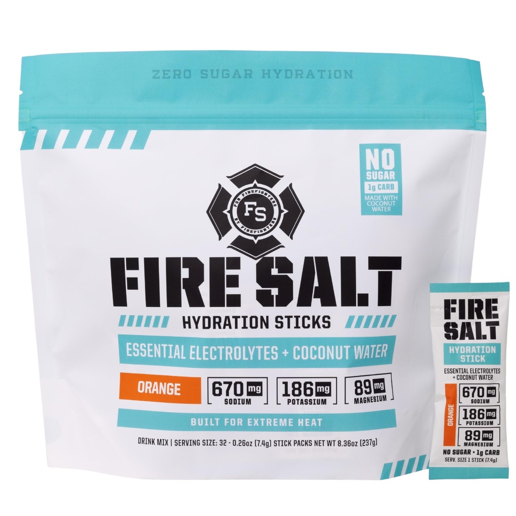 Fire Science Fire Salt hydrotion Sticks, Electrolytes & קוקוס מים, שתייה מרגיעה לערבב עם Magnesium, Potassium & Sodium, Zero Sugar, Single Serve on the Go Packs, טבעוני, כתום פלאמור, 32 הרוזן
