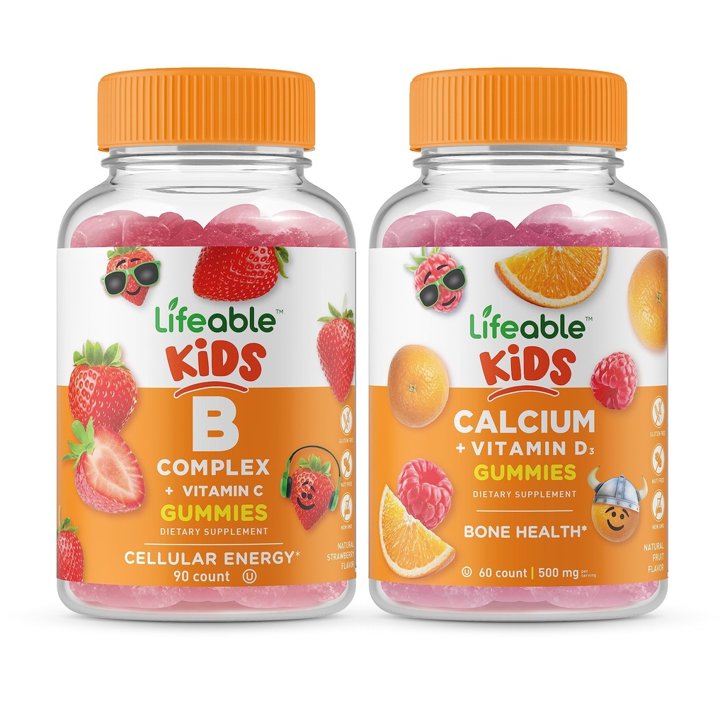 Lifeable B Complex Kids + Calcium עם ויטמין D ילדים, חניכיים בונדלה - גדול Tasting, ויטמין תוסף, Gluten Free, GMO חינם, Chewable Gummy