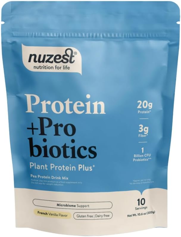 Nuzest - חלבונים + Probiotics - Gut Health - Superfood אבקת חלבון צלילה - 300g / 10.6 oz Pouch (10 משרתים) (צרפתית Vanilla, 300g)
