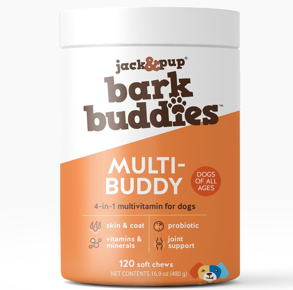 ג'ק & Pup כלבים Multivitamin | Bark Buddies דוגמיות ותוספים לכלבים מבוגרים כדי Puppies | Daily Dog Multivitamins Chewable for Immunity, Joint, Digestion, Skin and Coat Health (120ct)