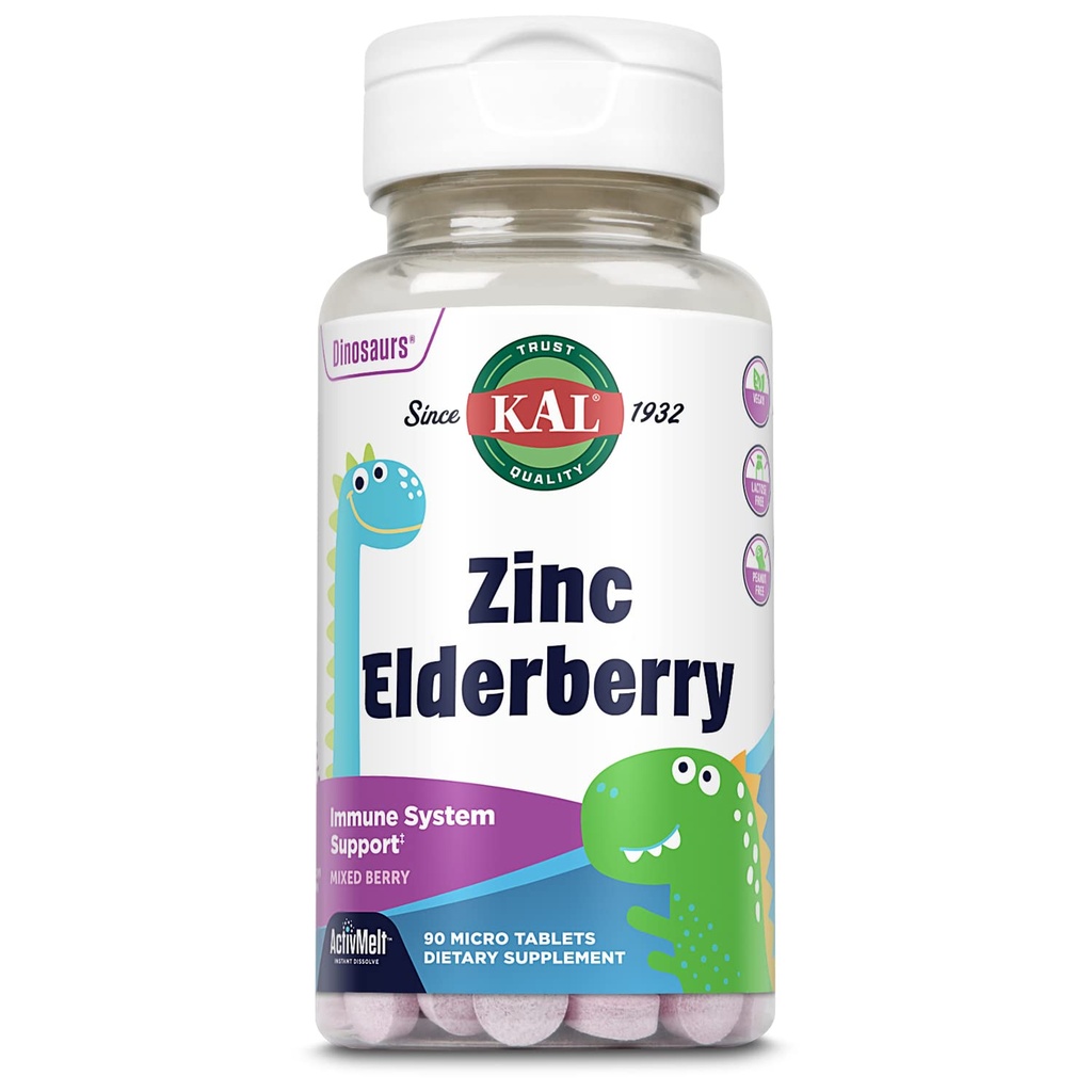 KAL Kids Zinc Elderberry Dinosaurs, Immune Support Supplement * for Children w/ Sambucus Elderberry, Fast Dissolution מעורבים ברי אקטivMelts, Fun, Tasty Dino Shapes, טבעוני, 90 משרתים, 90 מיקרו טבליות