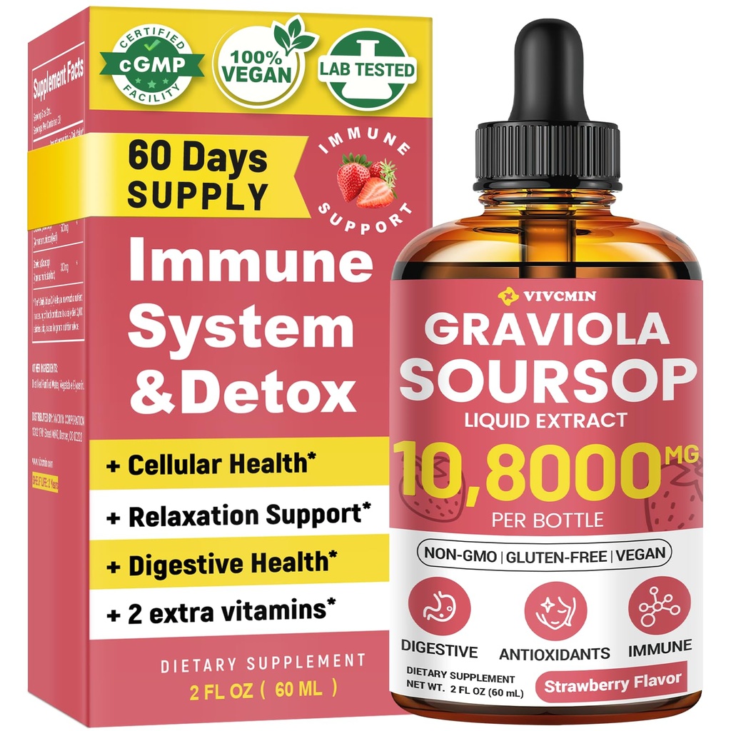 Graviola Soursop Leaf נוזל - Soursop Bitters נוזל, תמיכה Immune, להירגע, Liver ושינה, סוכר & אלכוהול חינם, גבוה Absorbable Formula, Strawberry פלמור, 2 Fl Oz Oz