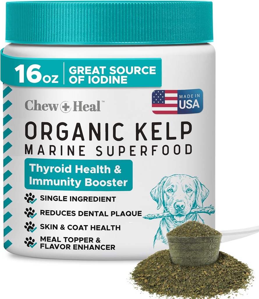 תוסף Kelp לכלבים - 16 oz של אבקת Kelp גרנולים עם 5cc Spoon - טוב עבור תפקוד Thyroid בריא, להפחית את פלס השיניים ובריאות העור - Made בארה"ב