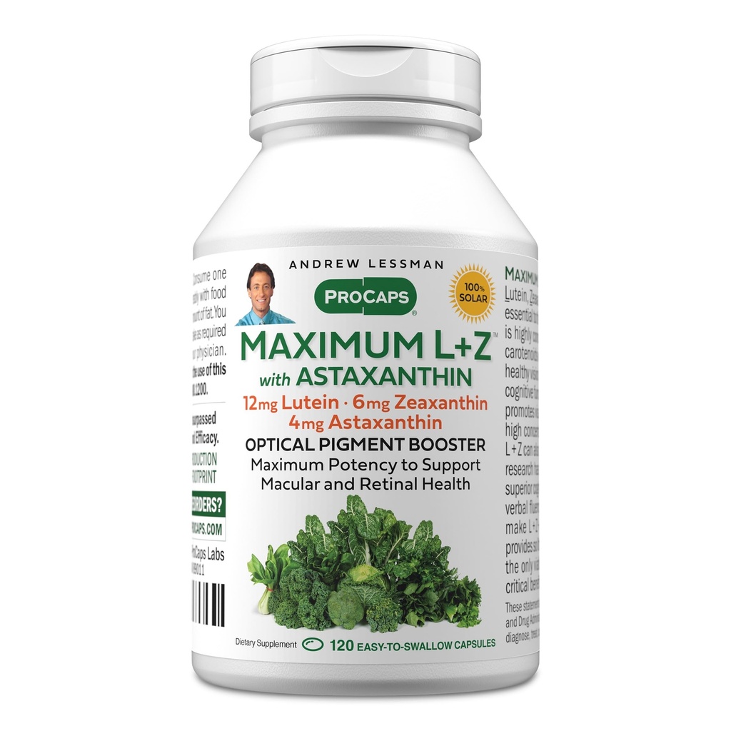 ANDREW LESSMAN מקסימום L+Z עם Astaxanthin 120 Softgels - 12mg Lutein, 6mg Zeaxanthin, 4mg Astaxanthin. חומרים מזינים מרכזיים לתמיכה בבריאות העיניים והמוח, ולקדם חזון בריא.
