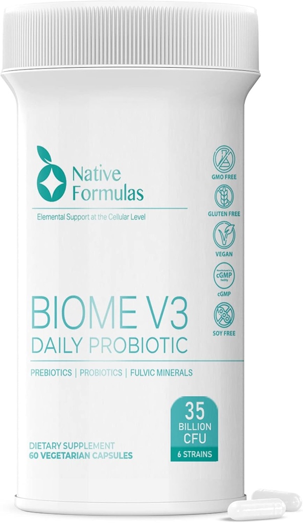 פורמולה אינדיאנית V3 Probiotic, Prebiotic, & Fulvic מינרלים תוספי - 35 מיליארד CFU - 6 סטרינס - 60 קפסולות טבעוניות - נשים וגברים - FODMAP ידידותי - תמיכה עיכול, Immune & Gut Health