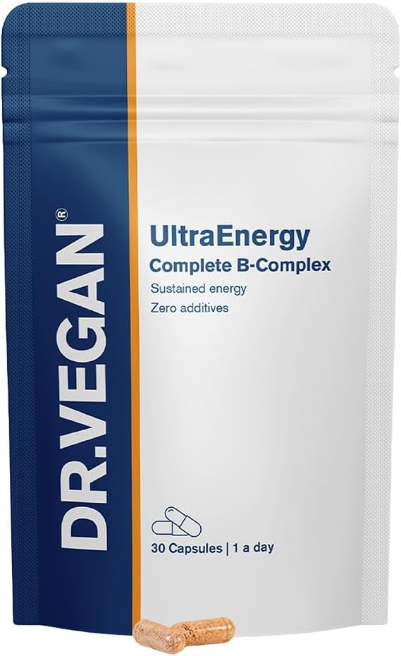 DR.VEgan UltraEnergy | Highחוזק B ויטמין Complex, 30 קפסולות ידידותיות | כולל ויטמין B12 (100ug), Choline (50 מ"ג), Biotin (50ug) ו- Folate (200ug) 1-A-Day