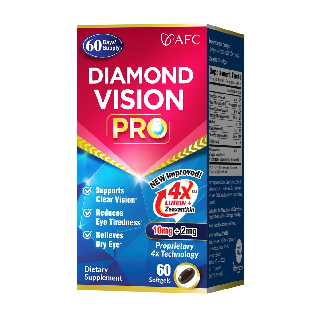 AFC Japan Diamond Vision PRO - שיפור, Up-Sized Formula - Lutein & Zeaxanthin 4X עם ויטמין עיניים - תוספת בריאות חזותית למבוגרים, חשיפה לסקר, שימוש בלילה, 60 Softgels