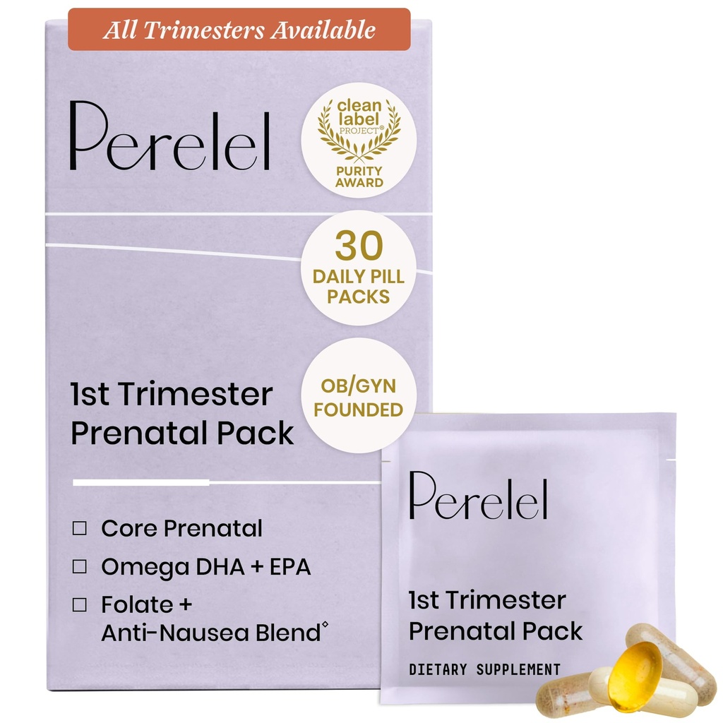 Perel 1st Trimester Prenatal Pack, Multivitamin עם Folate, ויטמין D, אומגה 3, ברזל וג'ינג'ר, תמיכה תזונתית עבור הריון מוקדם, Soy & Gluten חינם, Non GMO, 30 Daily Pill Packs