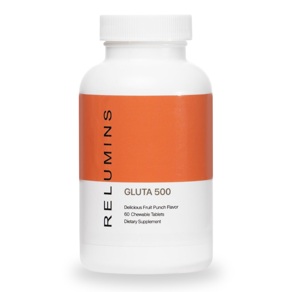 Relumins Gluta 500 טבליות Chewable עם Glutathione, Hyaluronic Acid, ויטמין C, Biotin & Collagen - תומך העור טונה & Glow - פירות Punch Flavor - מיוצר בארה"ב - 60 טבליות